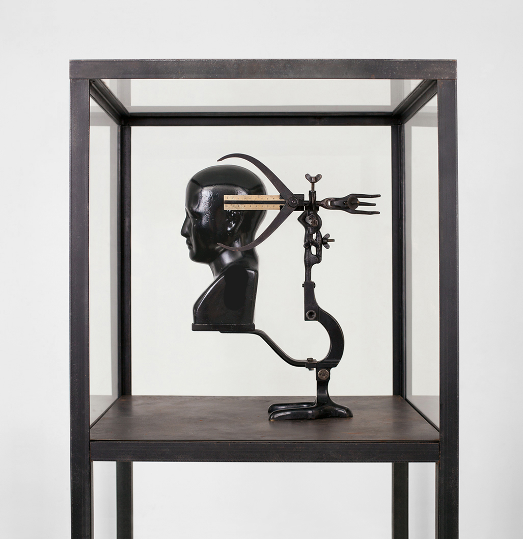 POSSESIA / Implement I / 2013 / 60 x 183 x 60 cm /
porcelain head, enamel, found microscope stand, steel, pieces 
of laboratory equipment, ruler, measuring instrument, vitrine