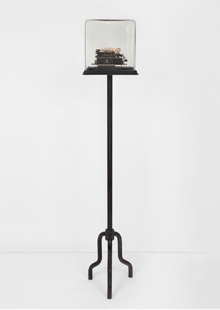 POSSESIA / Implement VI  / 2013 / 33 x 23 x 160 cm / 
counting machine, steel, aquarium, stool stand, soil, animal mandible