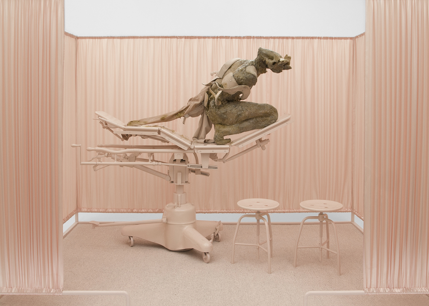 ONANIA / Aetiology Unknown 02 / 2012 / 300 x 200 x 190 cm 
fat, leather, fur, cosmetics, fabric, polyvinyl acetate, enamel, 
steel, surgical table and accessories