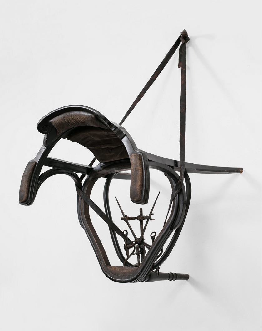POSSESIA / Implement IX / 2013 / 65 x 127 x 84 cm / antique chair, measuring instrument, laboratory instrument, curb, leather, nail